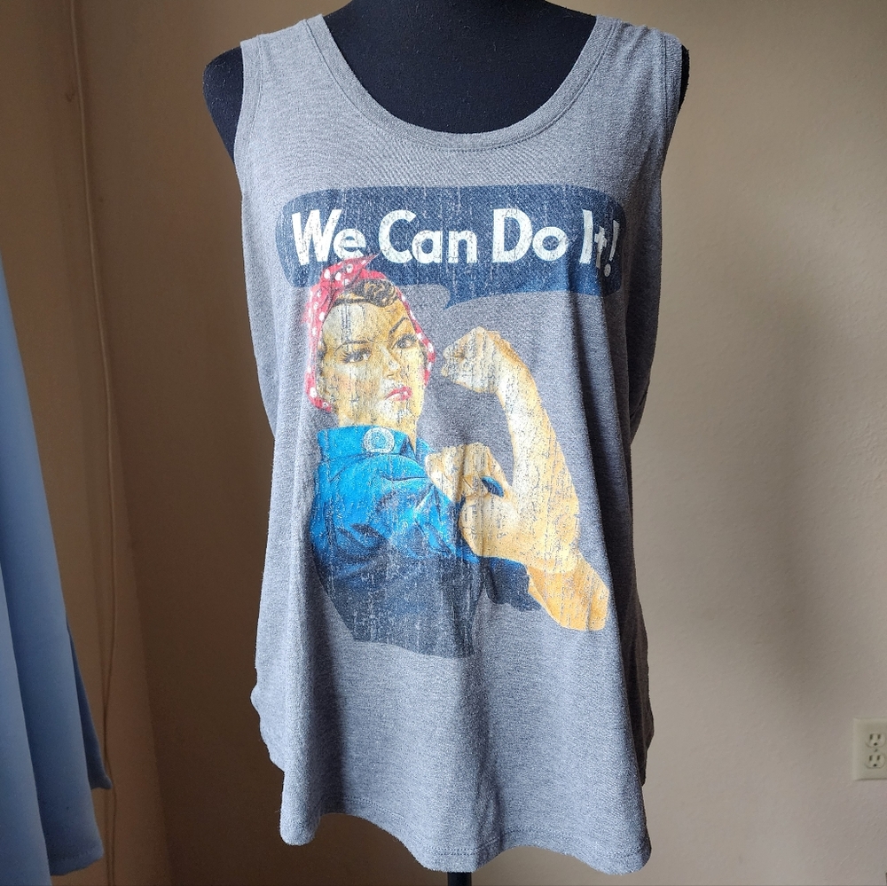 We Can Do It Gray Sleeveless Gray Graphic Tank Top